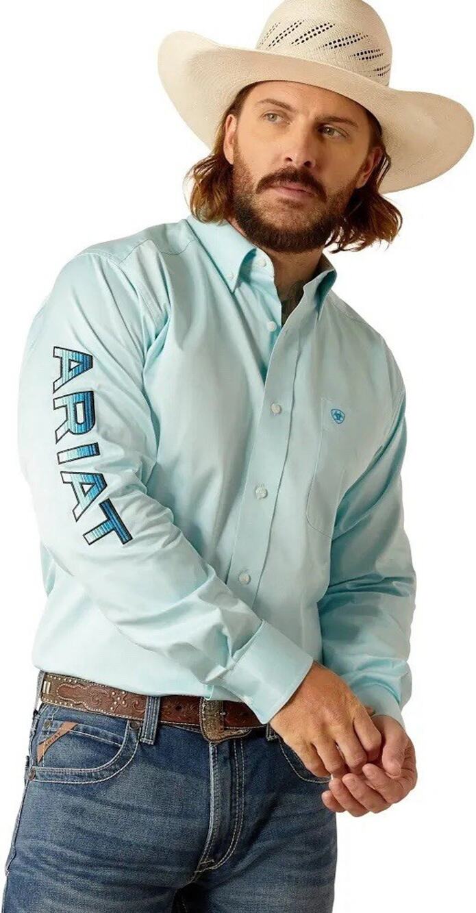 Ariat Men Fitted Shirt L Mint Green Team Logo Twill Long Sleeve 10048717 $75